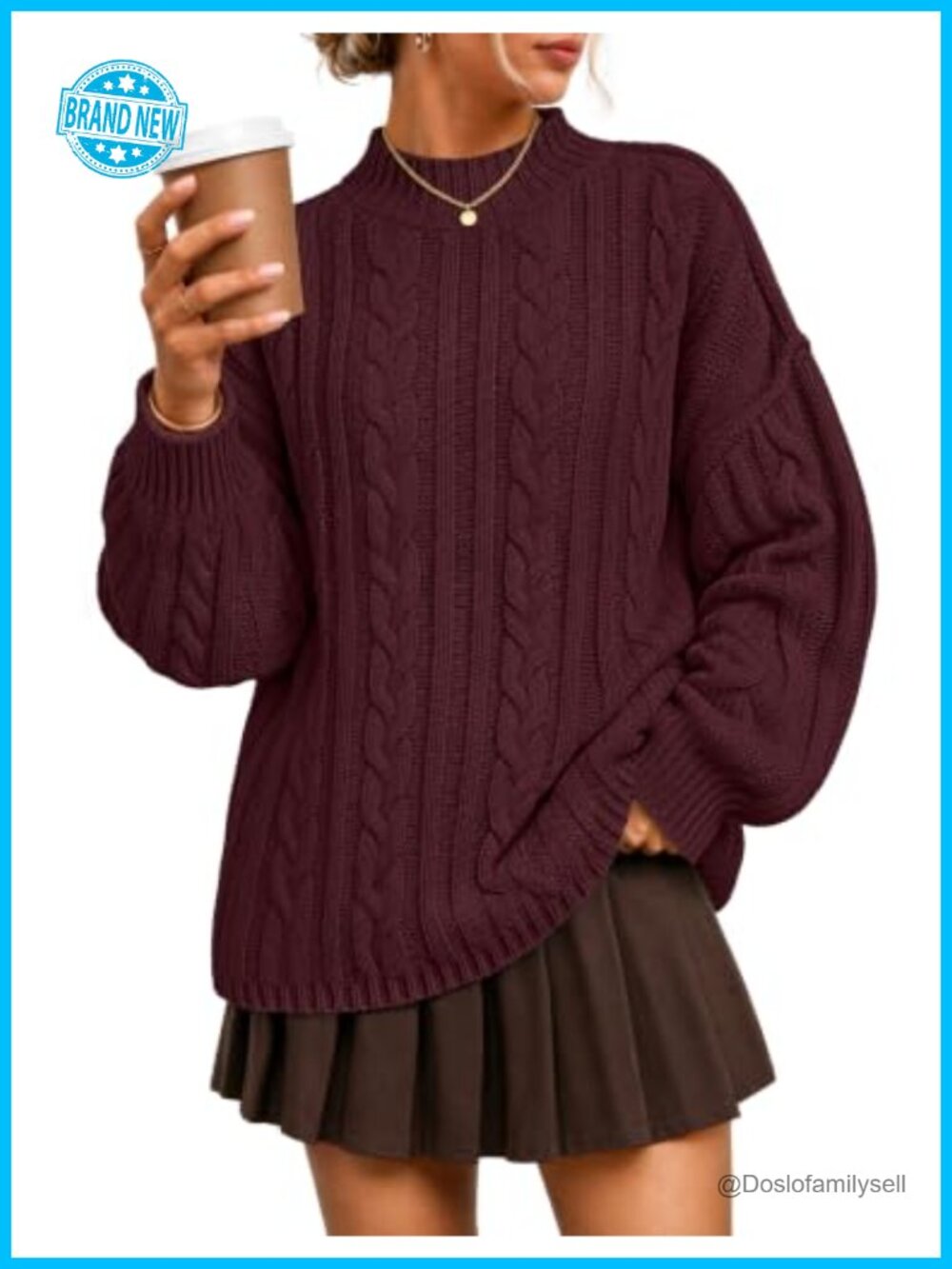 Women's Oversized Mock Neck Cable Knit Pullover Sweater